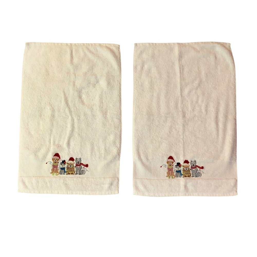 Jingles & Joy Hand Towels Set of 2 Used Christmas Dogs Embroidered